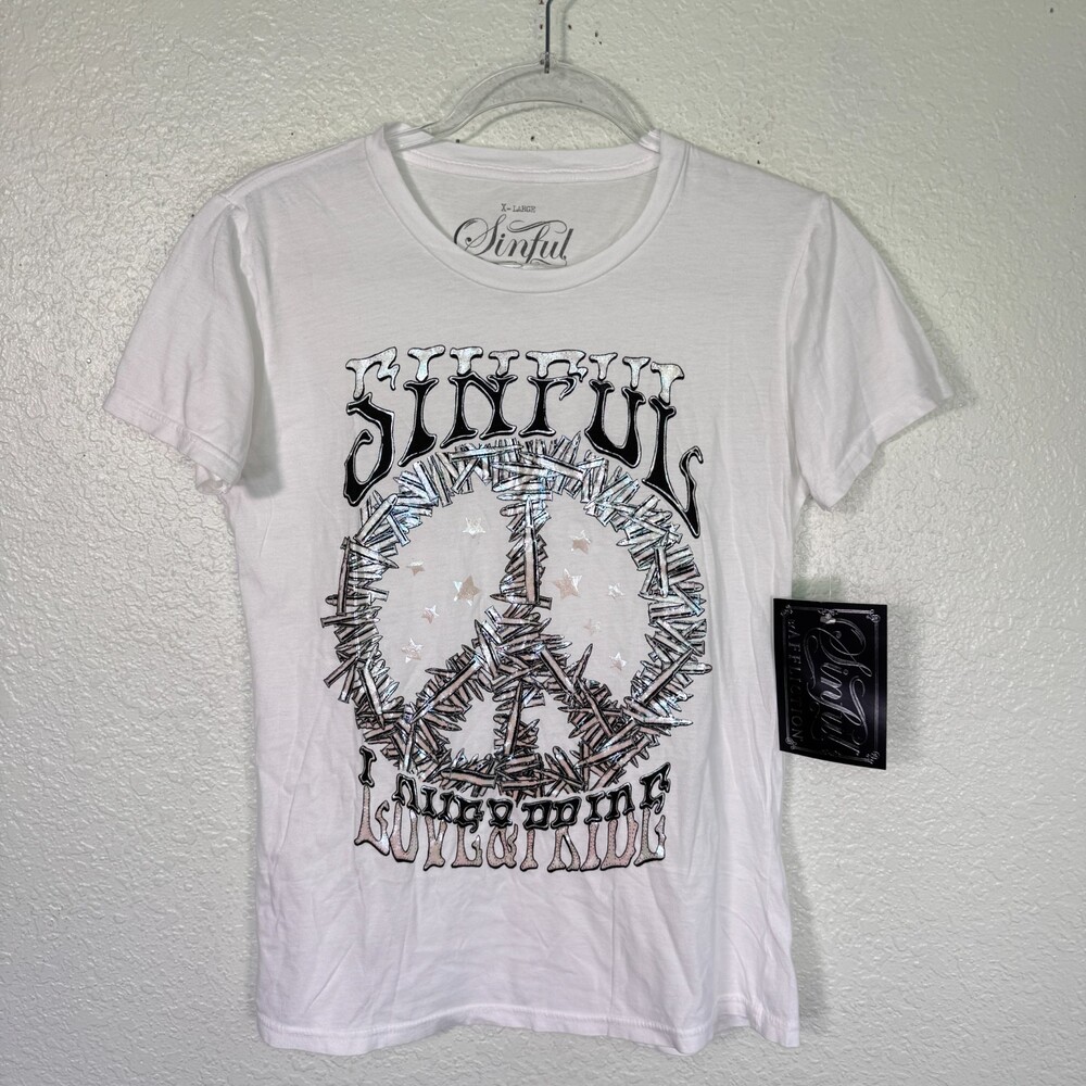 Affliction Sinful Top Womens XL Peace Nails Metallic Graphic Tee Y2K Grunge NEW